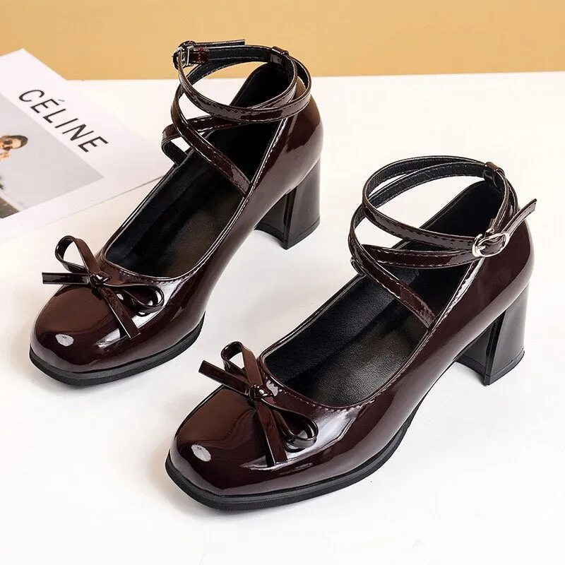 sealbeer Black Retro Cross-Tie Pumps Casual  Summer Marry Janes Round Toe Shoes Ladies Lolita Sweet Fashion Shoes Woman Bow Design