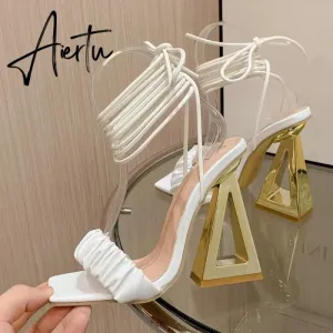 Sexy Cross Ankle Strap Women's Fretwork Heels Sandals Summer Fashion White Pleated Leather Square Toe Party Stripper Shoes