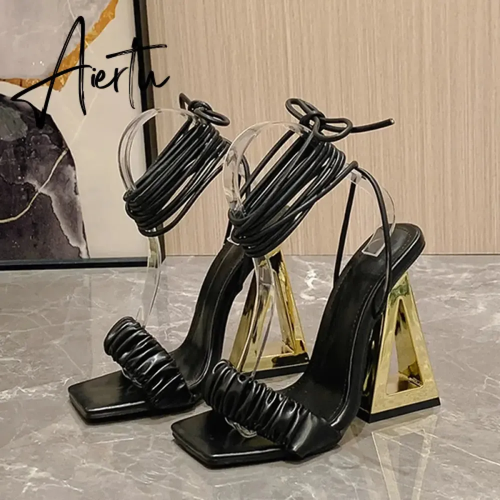 Sexy Cross Ankle Strap Women's Fretwork Heels Sandals Summer Fashion White Pleated Leather Square Toe Party Stripper Shoes