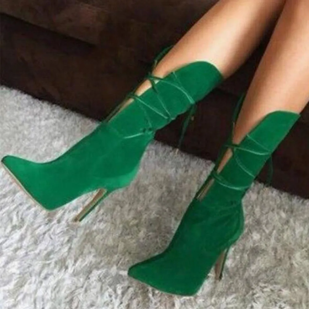 Sexy High Heels Green Boots For Women Lace Up Mid Calf Booties Pointed Toe Fashion Flock Lady Party Shoes