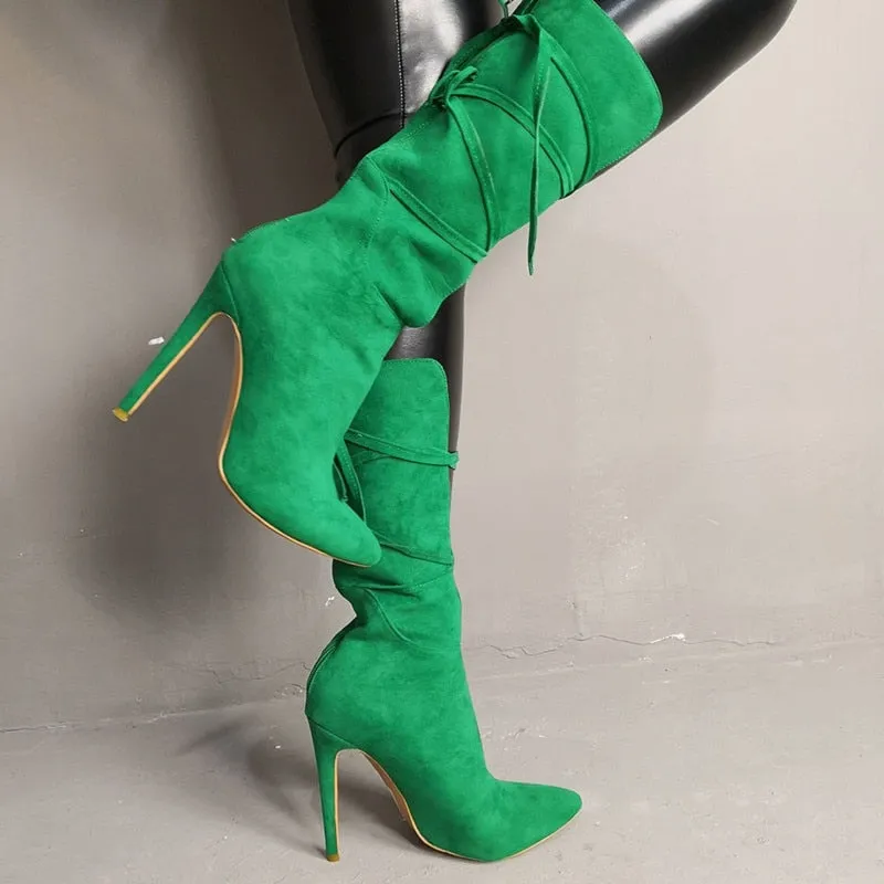 Sexy High Heels Green Boots For Women Lace Up Mid Calf Booties Pointed Toe Fashion Flock Lady Party Shoes