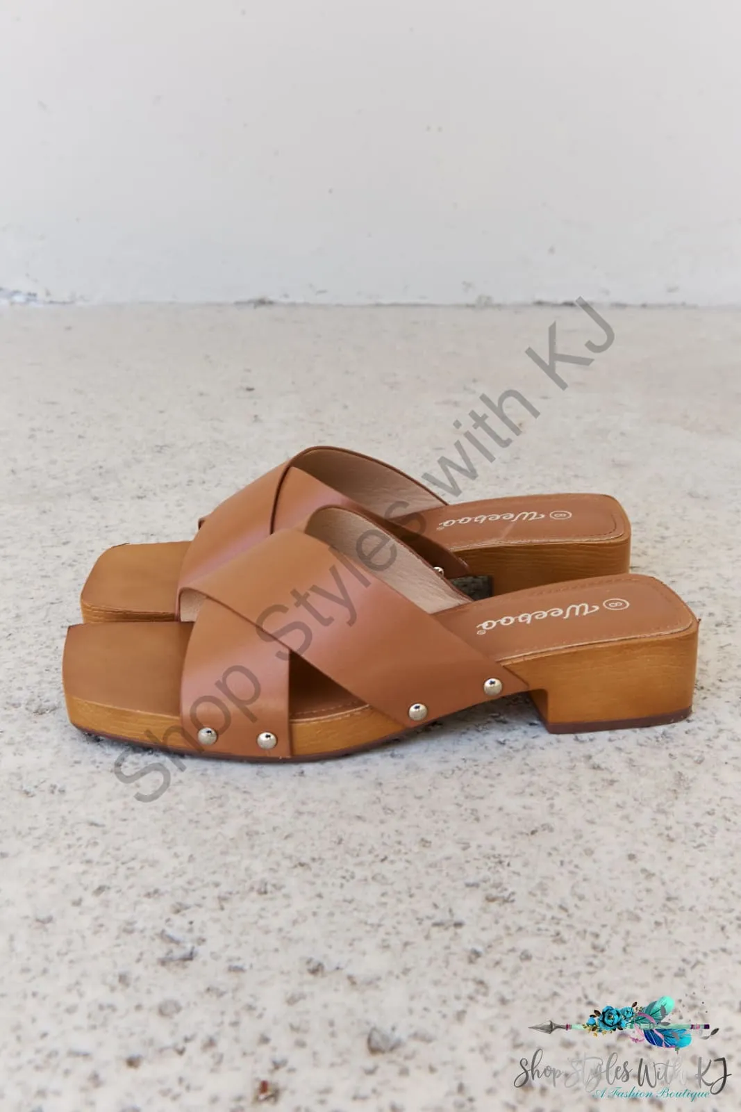 Step Into Summer Criss Cross Wooden Clog Mule in Brown