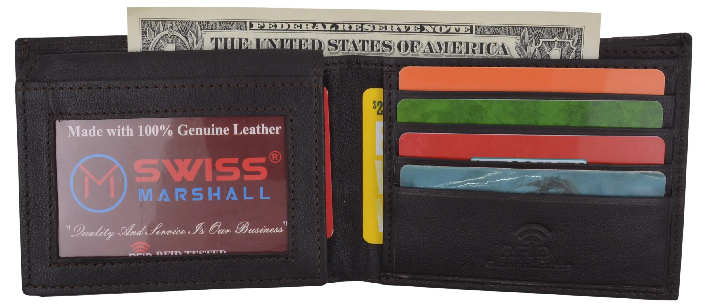 Swiss Marshall Mens Leather RFID Bifold Wallet 2 ID Windows Divided Bill Section