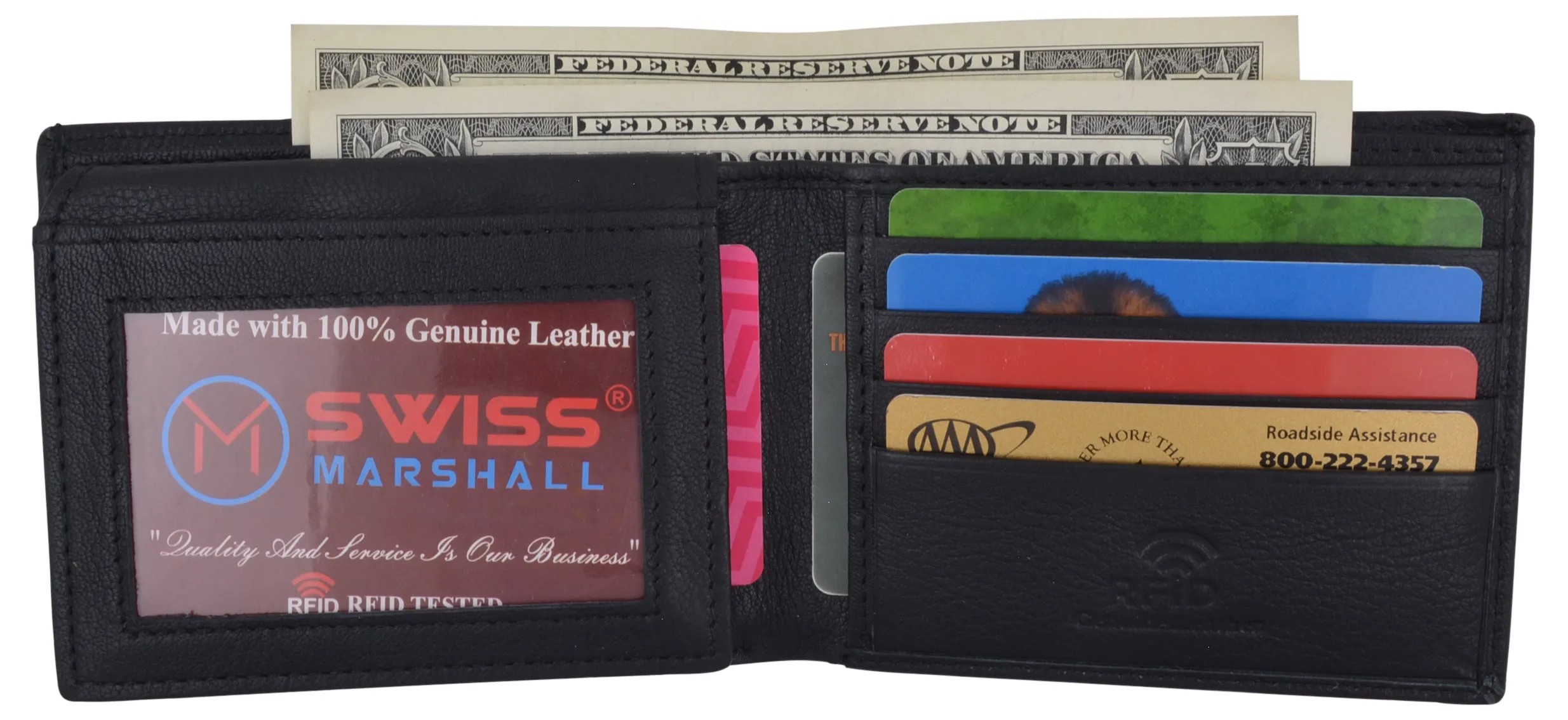 Swiss Marshall Mens Leather RFID Bifold Wallet 2 ID Windows Divided Bill Section