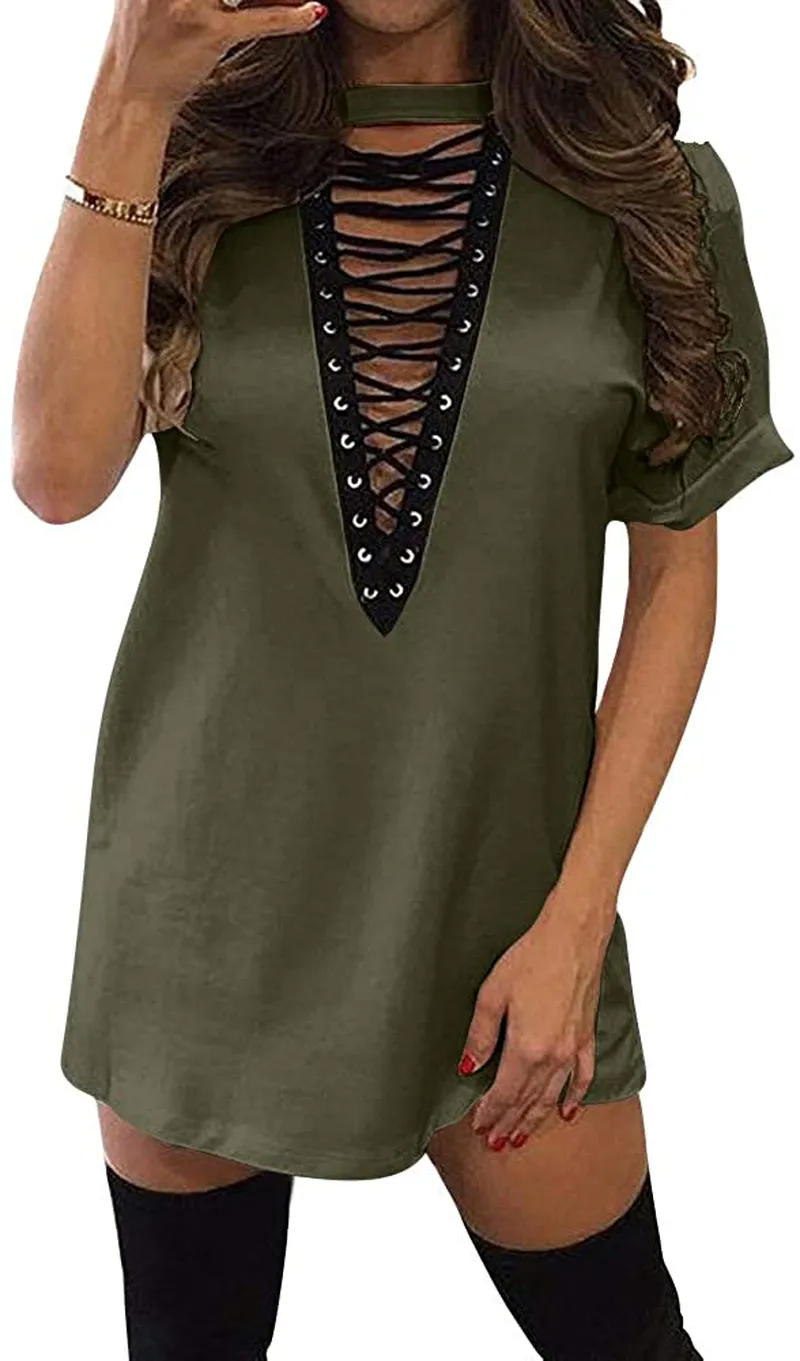 TOB Women's Sexy Halter Lace up Mini T Shirt Club Dress