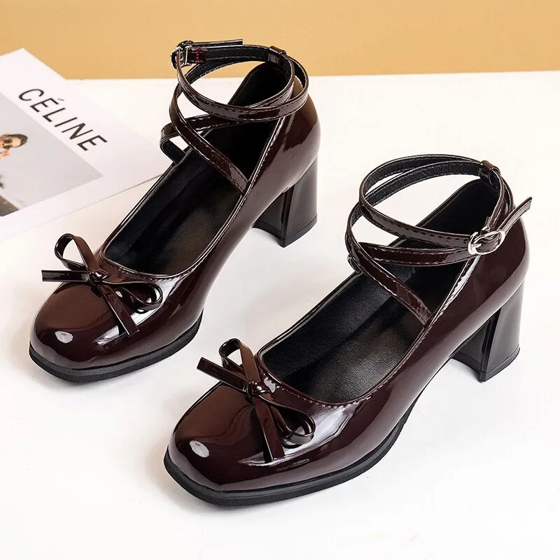 Wenkouban Black Retro Cross-Tie Pumps Casual 2023 Summer Marry Janes Round Toe Shoes Ladies Lolita Sweet Fashion Shoes Woman Bow Design