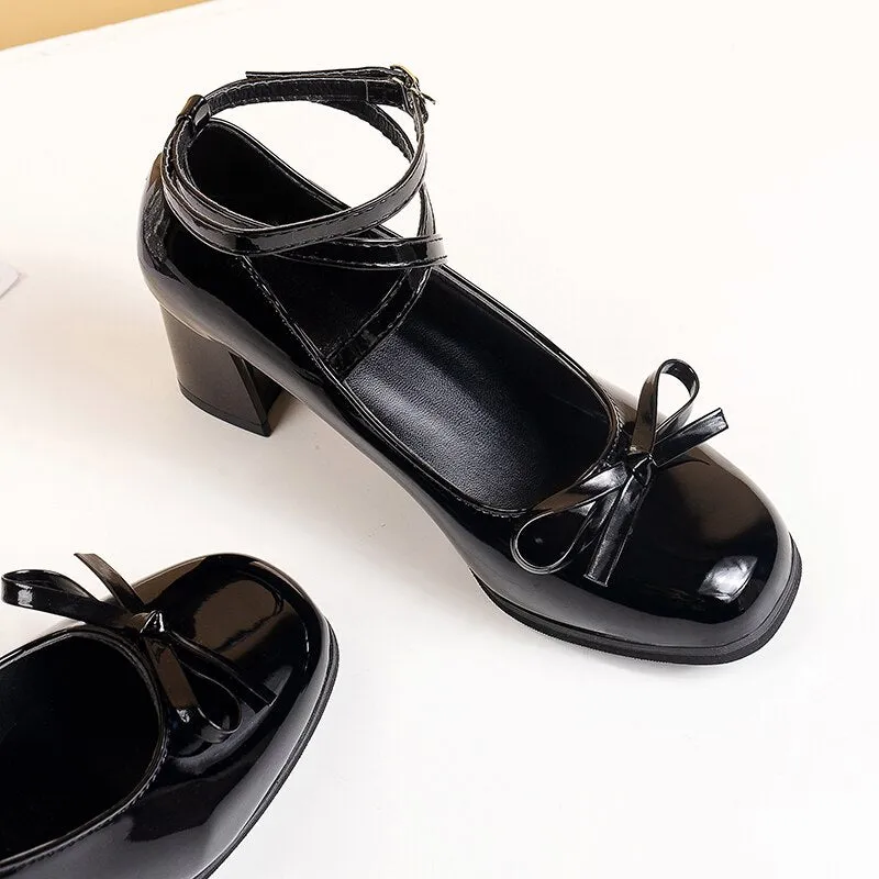 Wenkouban Black Retro Cross-Tie Pumps Casual 2023 Summer Marry Janes Round Toe Shoes Ladies Lolita Sweet Fashion Shoes Woman Bow Design