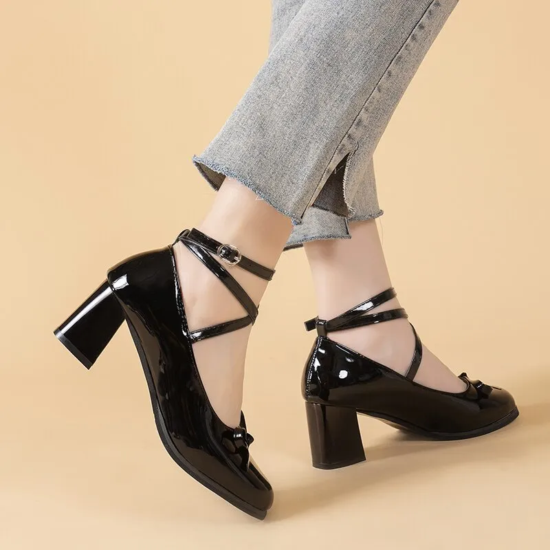 Wenkouban Black Retro Cross-Tie Pumps Casual 2023 Summer Marry Janes Round Toe Shoes Ladies Lolita Sweet Fashion Shoes Woman Bow Design