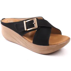 Women “KARLA” Cross Strap Buckle Design Wedge Slippers