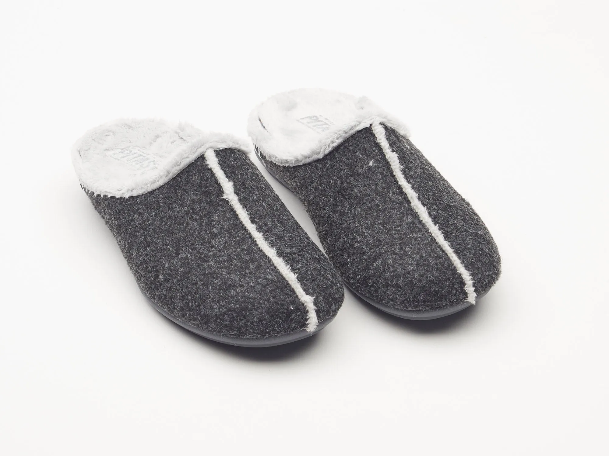 Women's grey felt and faux fur mule slippers