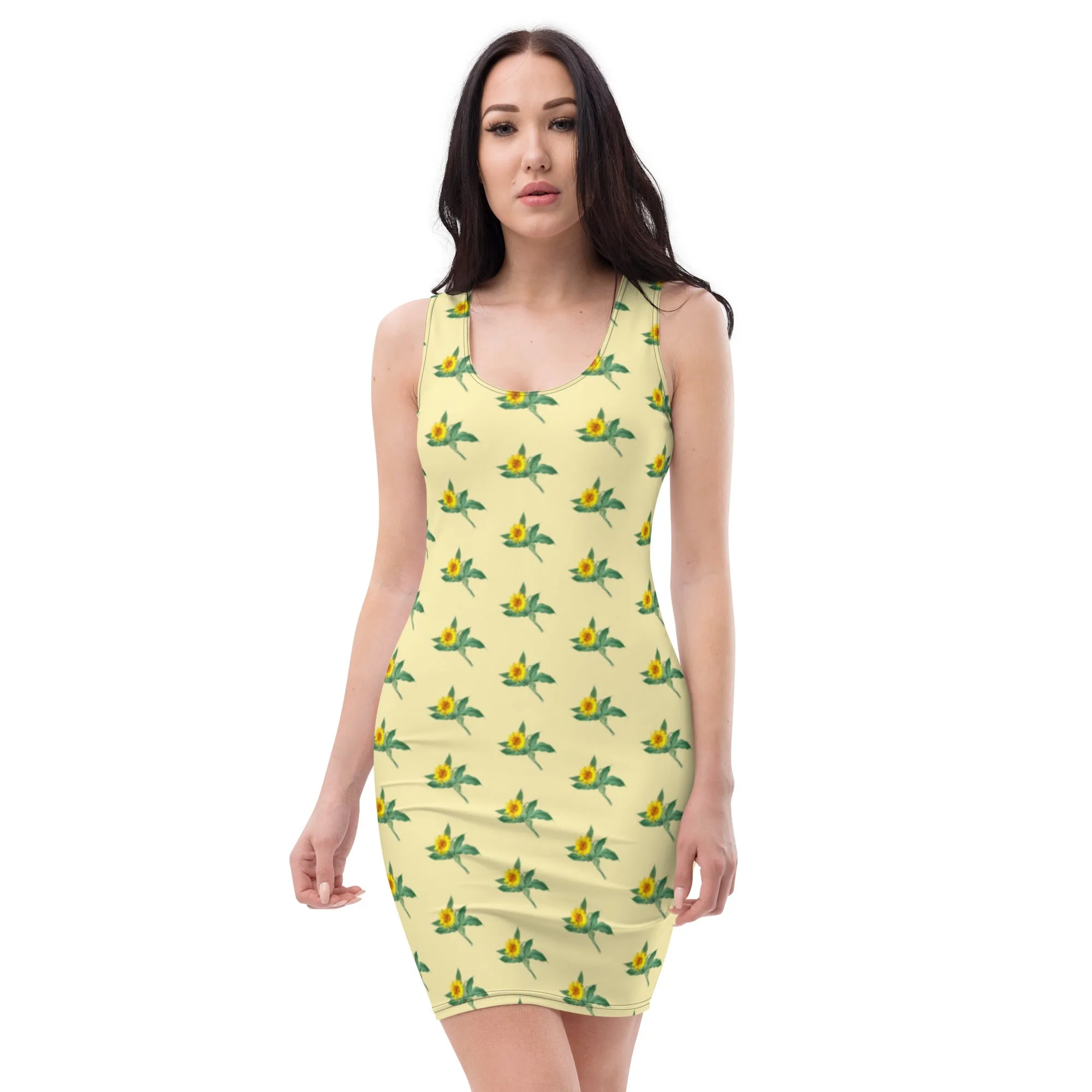 Yellow Sunflower Floral Print Dress, Best Flower Women's Designer 1-Piece Sleeveless Dress-Made in USA/EU/MX