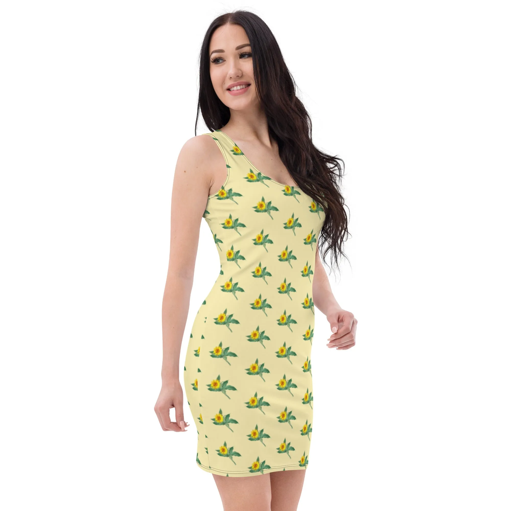 Yellow Sunflower Floral Print Dress, Best Flower Women's Designer 1-Piece Sleeveless Dress-Made in USA/EU/MX